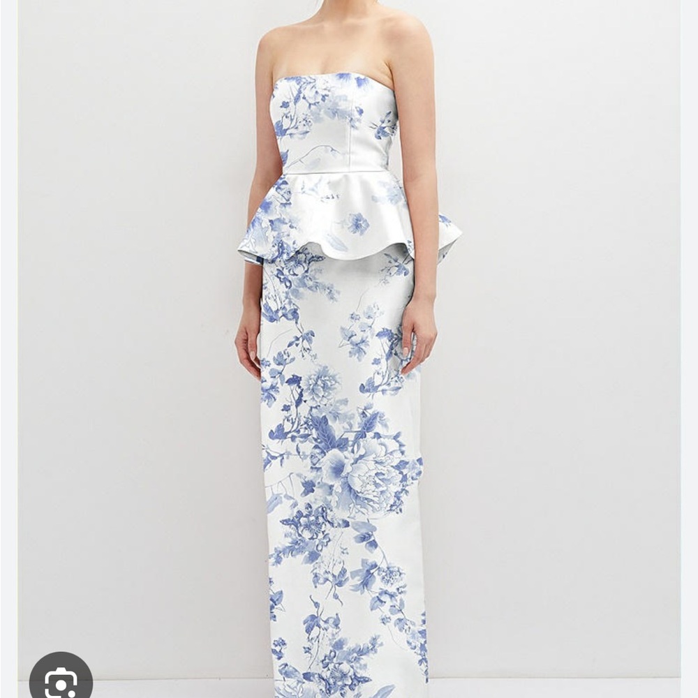 FLORAL STRAPLESS SATIN MAXI DRESS WITH RUFFLE PEPLUM COTTAGE ROSE